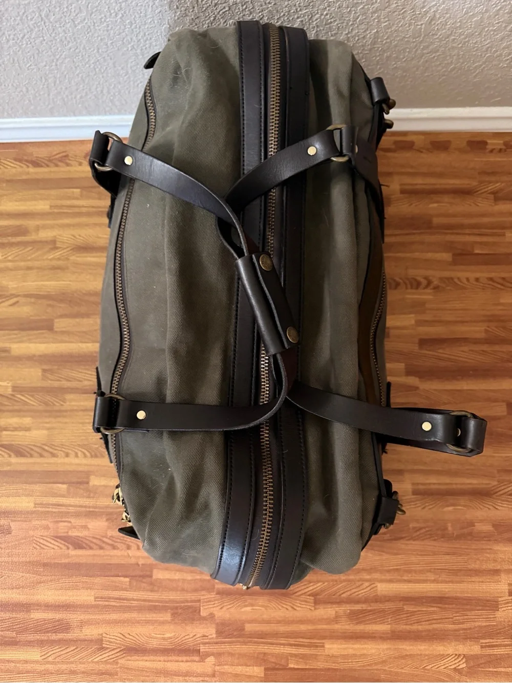 Filson Large Olive Green Canvas Duffel with Dark Brown Leather Trim